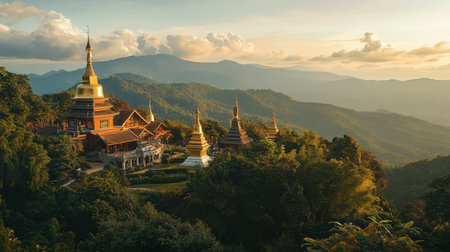 A panoramic view of Chiang Mai Wat Phra That Doi Suthep, perched on a mountain with golden chedis shining brightly.の素材