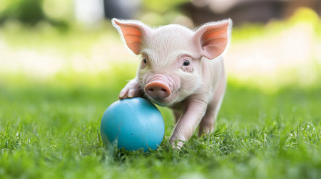 A piglet playfully nudging a toy ball, enjoying its playtime in a green pasture.の素材