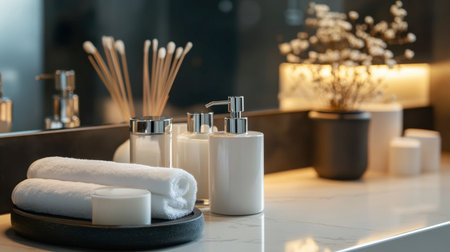 A modern bathroom countertop with luxurious bathroom supplies, including scented candles, soap dispensers, and hand lotion.の素材