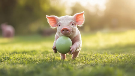A piglet playfully nudging a toy ball, enjoying its playtime in a green pasture.の素材