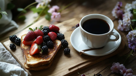 A peaceful morning moment with black coffee, sourdough toast, and a side of fresh berries.の素材
