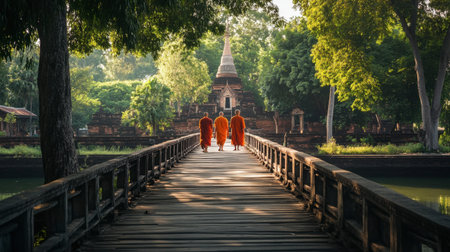A peaceful scene of monks walking along a bridge at Wat Mahathat in the historical park of Sukhothai.の素材
