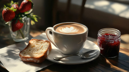 A morning setting with a cappuccino, a buttered slice of bread, and a small jar of strawberry jam.の素材