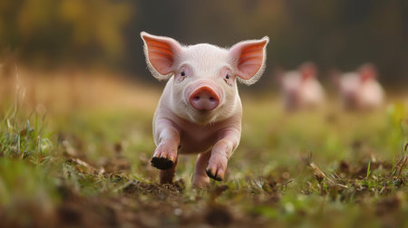 A piglet running across a field, its ears flopping and tail wagging joyfully.の素材