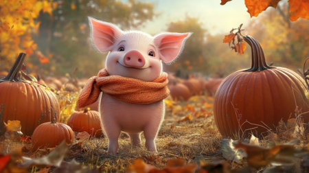 A piglet wearing a tiny scarf, standing in the middle of a pumpkin patch with a playful grin.の素材