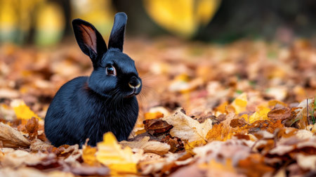 A rabbit with shiny black fur sitting on a bed of autumn leaves, looking inquisitive.の素材
