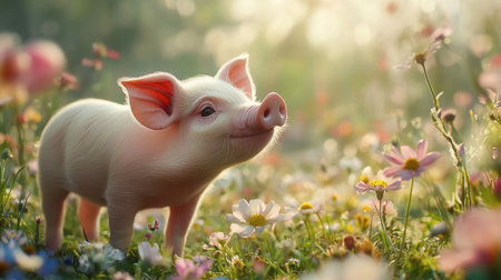 A piglet standing in a field of wildflowers, sniffing the blossoms with its snout.の素材