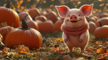 A piglet wearing a tiny scarf, standing in the middle of a pumpkin patch with a playful grin.の素材