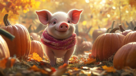 A piglet wearing a tiny scarf, standing in the middle of a pumpkin patch with a playful grin.の素材