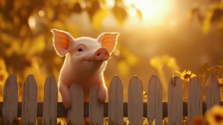 A piglet standing near a picket fence, with the sun setting behind it, casting a warm glow.の素材