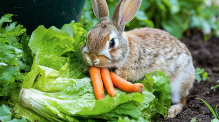 A rabbit enjoying a meal of fresh lettuce and carrots in a backyard garden.の素材