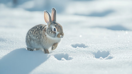 A rabbit hopping through a snowy landscape, leaving tiny paw prints behind.の素材