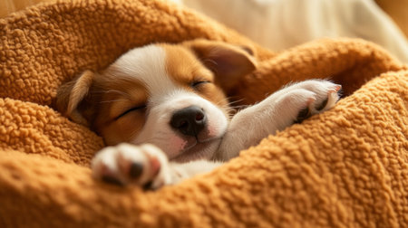 A puppy sleeping peacefully in a cozy bed, with its little paws tucked under its chin.の素材