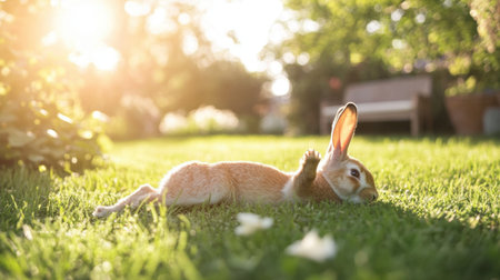 A rabbit enjoying a sunny day, stretching out its legs and relaxing in a backyard.の素材