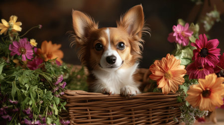 A puppy sitting in a wicker basket filled with flowers, looking curious and sweet.の素材