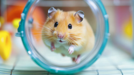 A playful hamster running on a small wheel, getting its daily exercise in its cage.の素材