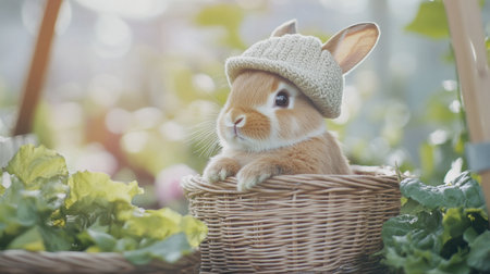 A rabbit sitting in a wicker basket, wearing a tiny hat and looking adorable.の素材