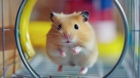 A playful hamster running on a small wheel, getting its daily exercise in its cage.の素材