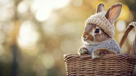 A rabbit sitting in a wicker basket, wearing a tiny hat and looking adorable.の素材