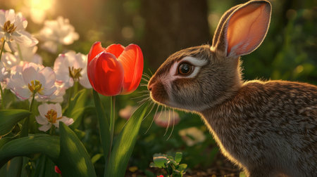 A rabbit exploring a flower garden, sniffing a bright red tulip.の素材