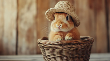 A rabbit sitting in a wicker basket, wearing a tiny hat and looking adorable.の素材