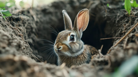A rabbit poking its head out of a hole in the ground, looking out curiously at the world.の素材