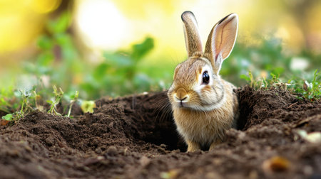 A rabbit poking its head out of a hole in the ground, looking out curiously at the world.の素材