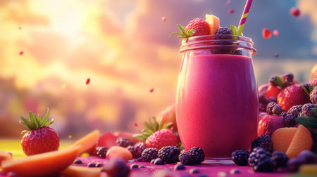 A refreshing berry smoothie in a glass jar with fresh fruits and a straw, set against a vibrant background.の素材