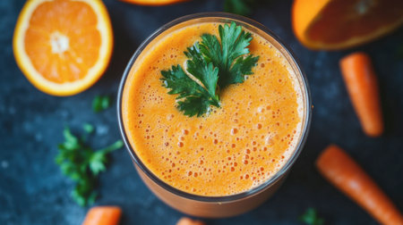 A refreshing orange and carrot smoothie, garnished with a sprig of parsley and served with fresh slices of fruit.の素材
