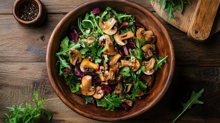 A rustic wooden table adorned with a vibrant salad featuring sweet honey mushrooms, mixed greens, and a tangy vinaigrette.の素材