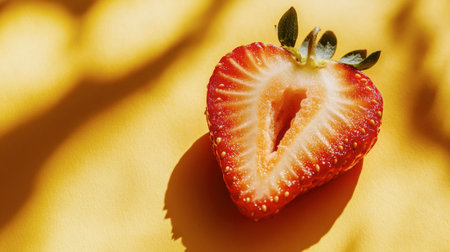 A sliced strawberry revealing its juicy core, placed on a vibrant yellow surface.の素材