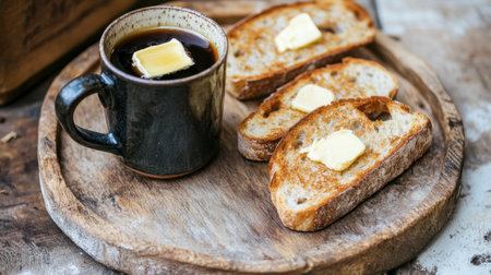 A rustic breakfast table featuring a mug of dark roast coffee and slices of toasted bread with butter.の素材