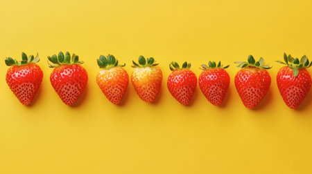 A row of strawberries in various sizes laid out evenly on a yellow background.の素材