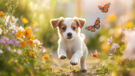 A small puppy chasing butterflies in a garden, with flowers blooming all around.の素材