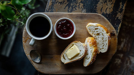 A serene breakfast scene with black coffee and a sliced baguette spread with butter and jam.の素材