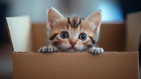 A small kitten peeking out of a cardboard box, looking curious and ready for an adventure.の素材