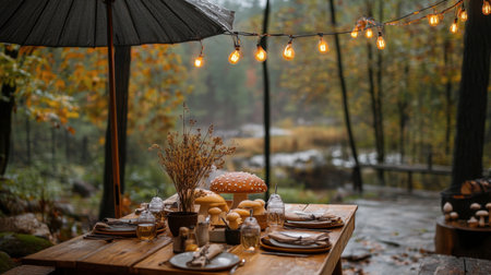 A scenic outdoor dining setup featuring sweet honey mushrooms as a highlight on the menu, surrounded by nature.の素材