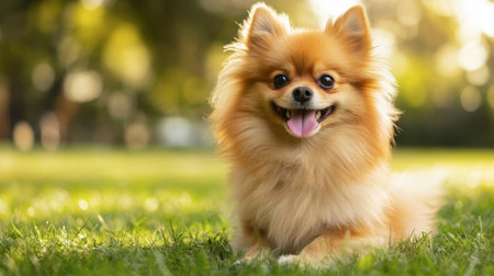 A small, fluffy dog sitting on a grassy field with its tongue out and tail wagging happily.の素材