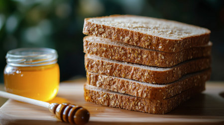 A stack of whole grain bread slices arranged neatly on a cutting board, next to a jar of honey.の素材