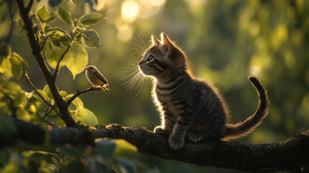 A small cat sitting on a tree branch, watching birds with its tail twitching in excitement.の素材