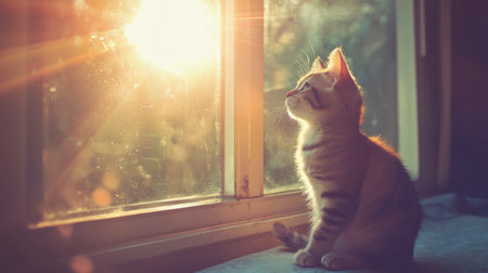 A small cat sitting in a sunny spot by the window, basking in the warmth of the sunlight.の素材