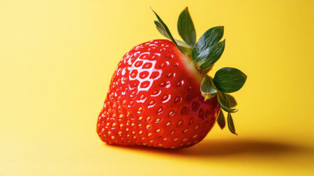 A strawberry with its leaves and stem intact, standing out against a yellow background.の素材