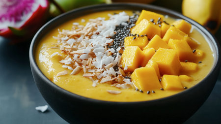 A tropical smoothie bowl made with Thai fruits such as mango, papaya, and dragon fruit, topped with coconut flakes.の素材