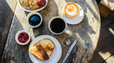 A table set for two with black coffee, toasted bread, and a variety of jams and spreads.の素材