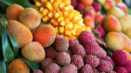 A vibrant assortment of Thai fruits including mangoes, lychees, and papayas, arranged beautifully for a tropical feast.の素材
