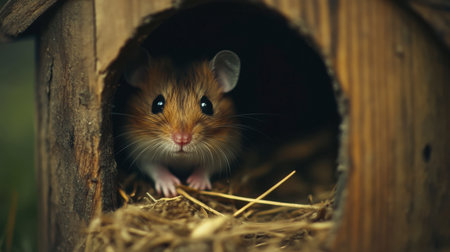 A tiny hamster peeking out of its little house, looking out with wide, curious eyes.の素材