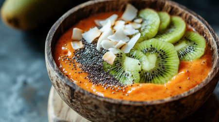 A tropical smoothie bowl made with blended fruits, topped with coconut flakes, chia seeds, and sliced kiwi.の素材