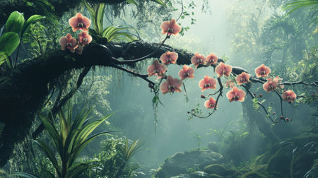 A tranquil scene of orchids growing on tree branches in a tropical rainforest setting.の素材