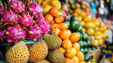 A traditional Thai fruit market stall filled with an array of colorful exotic fruits like dragon fruit, mango, and longan.の素材