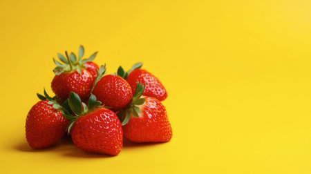 A vibrant bunch of ripe strawberries resting against a bright yellow background, creating a striking contrast.の素材